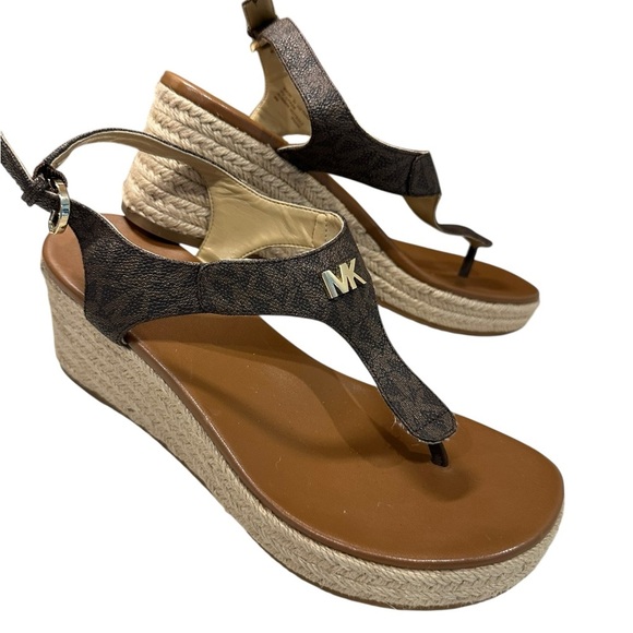 MICHAEL KORS LANEY LOGO ESPADRILLE WEDGE SANDALS BROWN SIZE 8 MSRP $165.00 - Picture 2 of 8